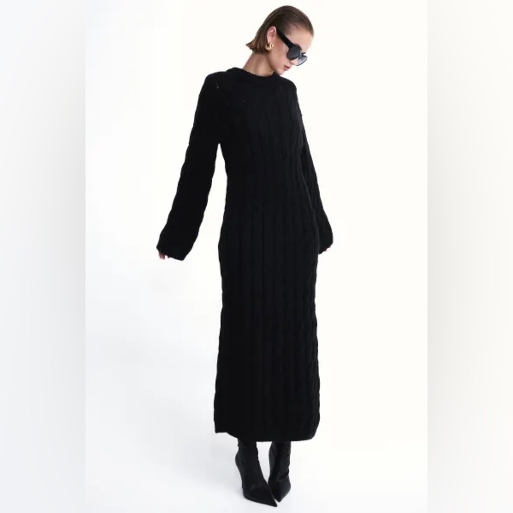 H&M Eco Vegan Wool Cinch Waist Wide Sleeve Chunky Cable Knit Maxi Dress XL Black